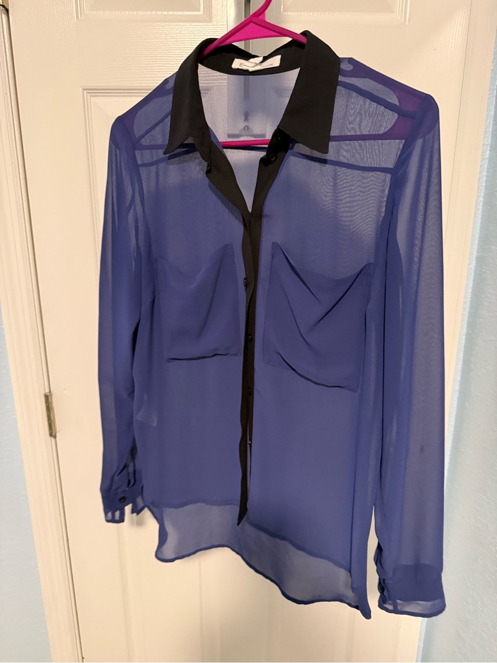 BCBGeneration Sheer Royal Blue Button-Down with Black Collar